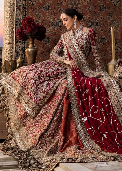 Indian Deep Red Mukesh Zardozi Velvet Silk Farshi Lehenga (3-Piece) - Image 7