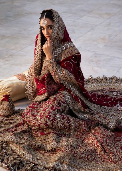 Indian Deep Red Mukesh Zardozi Velvet Silk Farshi Lehenga (3-Piece) - Image 9