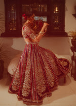 Pakistani Ruby Red & Bottle Green Embroidered Velvet Lehenga (3-Piece) - Image 11