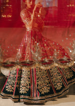 Pakistani Ruby Red & Bottle Green Embroidered Velvet Lehenga (3-Piece) - Image 12