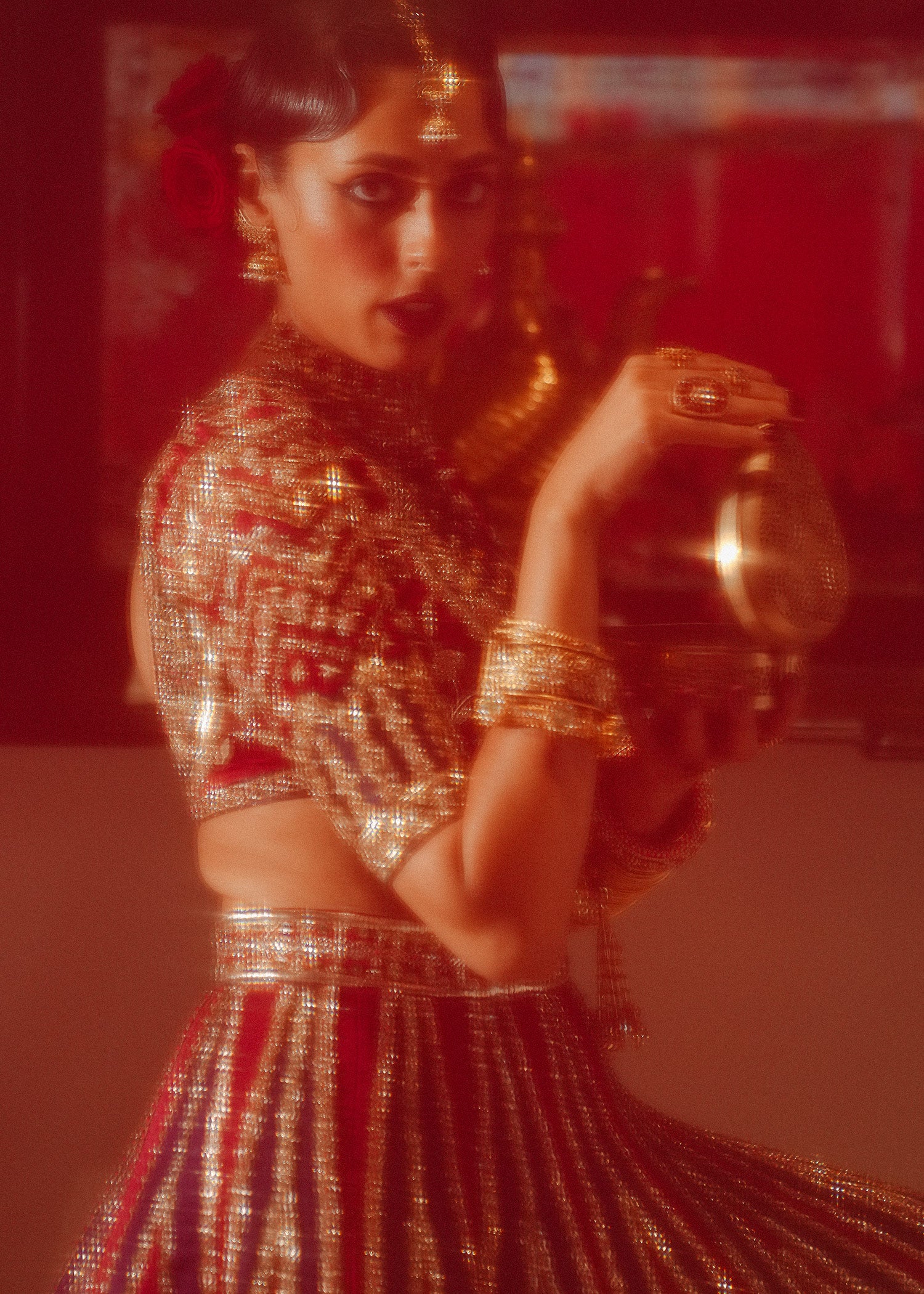 Pakistani Ruby Red & Bottle Green Embroidered Velvet Lehenga (3-Piece) - Image 13