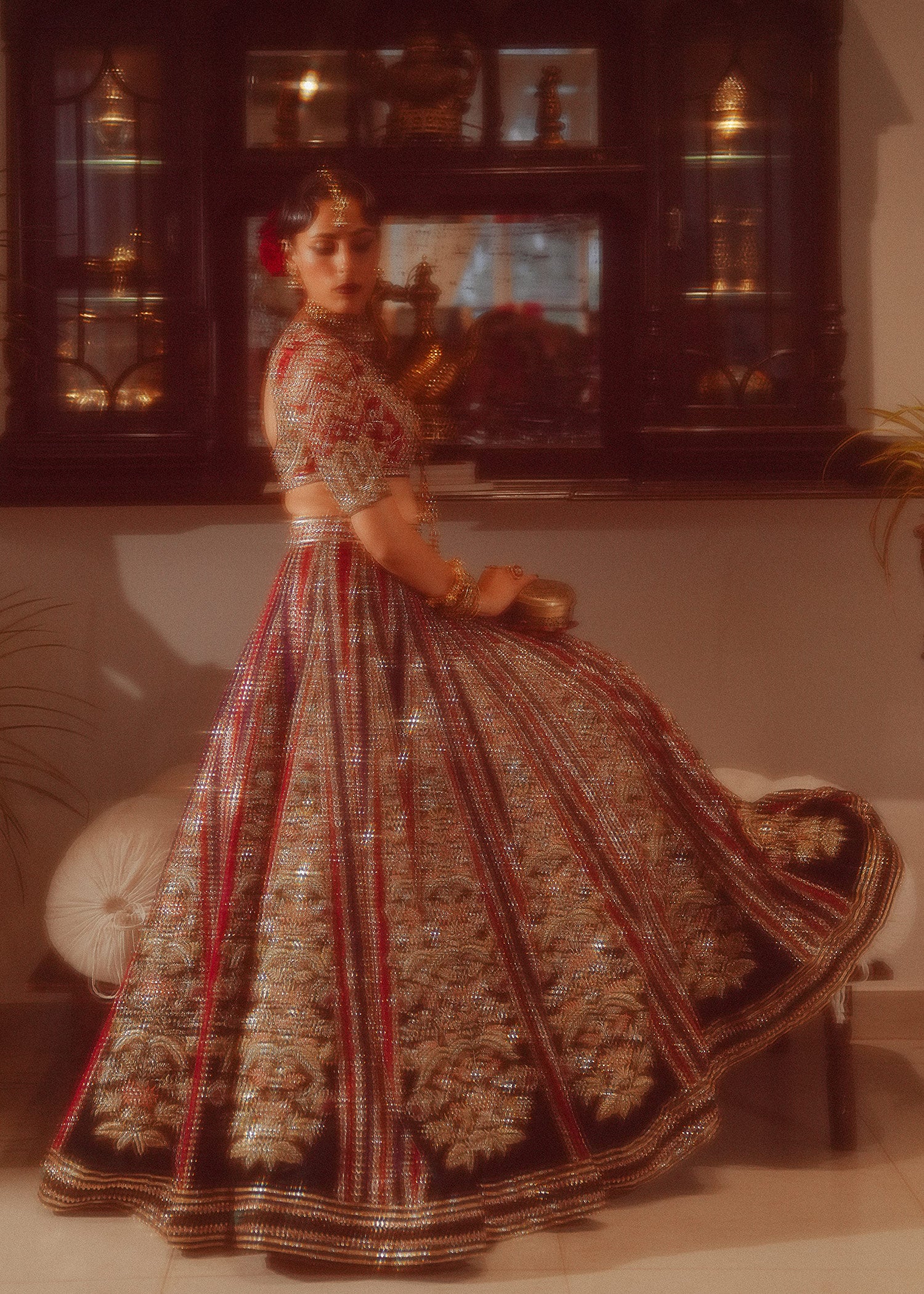 Pakistani Ruby Red & Bottle Green Embroidered Velvet Lehenga (3-Piece) - Image 15