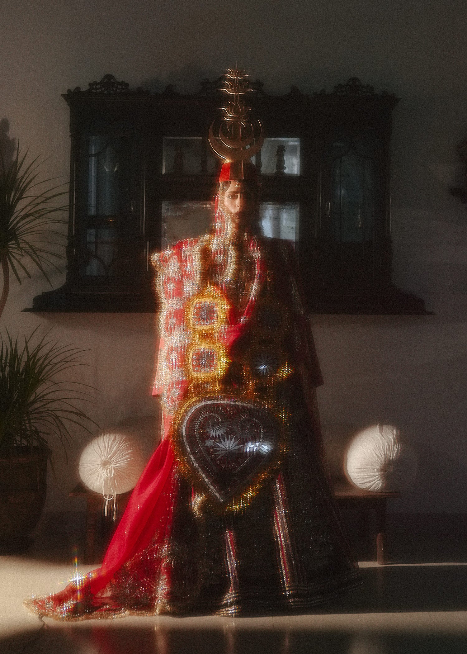 Pakistani Ruby Red & Bottle Green Embroidered Velvet Lehenga (3-Piece) - Image 17