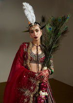 Pakistani Ruby Red & Bottle Green Embroidered Velvet Lehenga (3-Piece) - Image 3