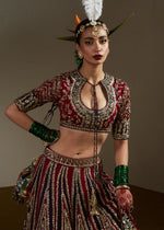 Pakistani Ruby Red & Bottle Green Embroidered Velvet Lehenga (3-Piece) - Image 4