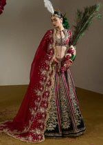 Pakistani Ruby Red & Bottle Green Embroidered Velvet Lehenga (3-Piece) - Image 5