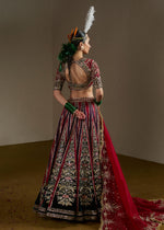 Pakistani Ruby Red & Bottle Green Embroidered Velvet Lehenga (3-Piece) - Image 6