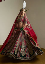Pakistani Ruby Red & Bottle Green Embroidered Velvet Lehenga (3-Piece) - Image 7