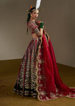 Pakistani Ruby Red & Bottle Green Embroidered Velvet Lehenga (3-Piece) - Image 8