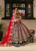 Pakistani Ruby Red & Bottle Green Embroidered Velvet Lehenga (3-Piece) - Image 9