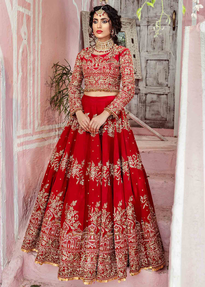 Red Velvet Embroidered Lehenga Set (3-Piece) - Image 1