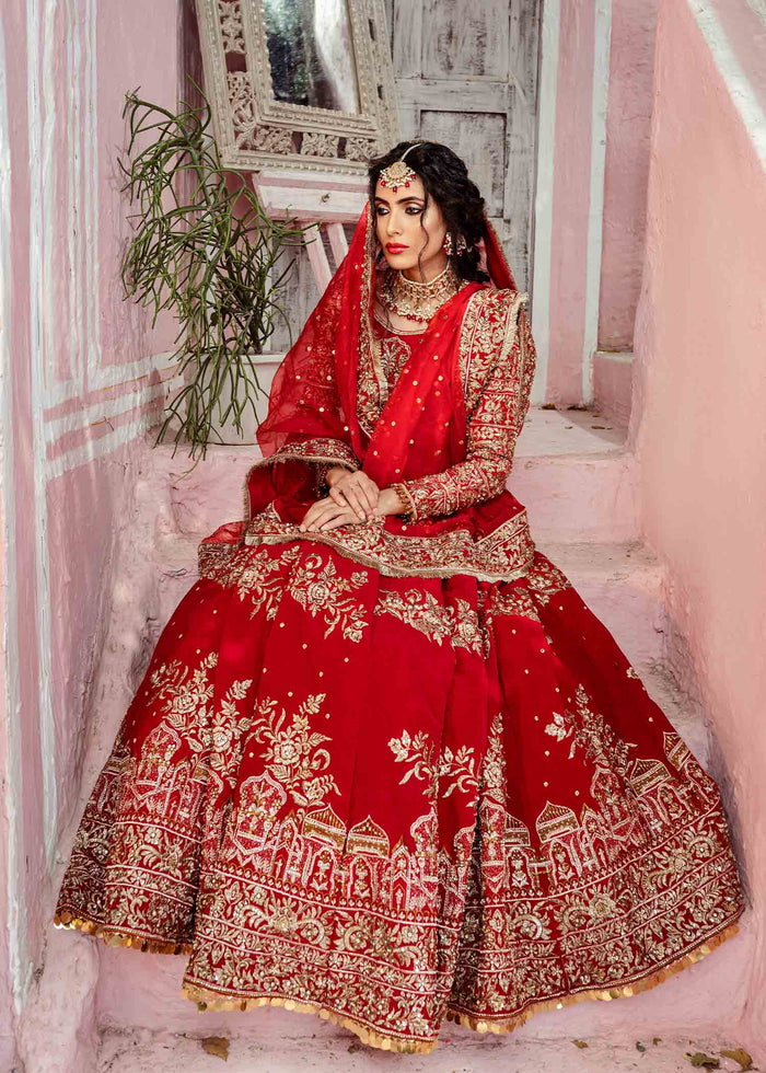 Red Velvet Embroidered Lehenga Set (3-Piece) - Image 3