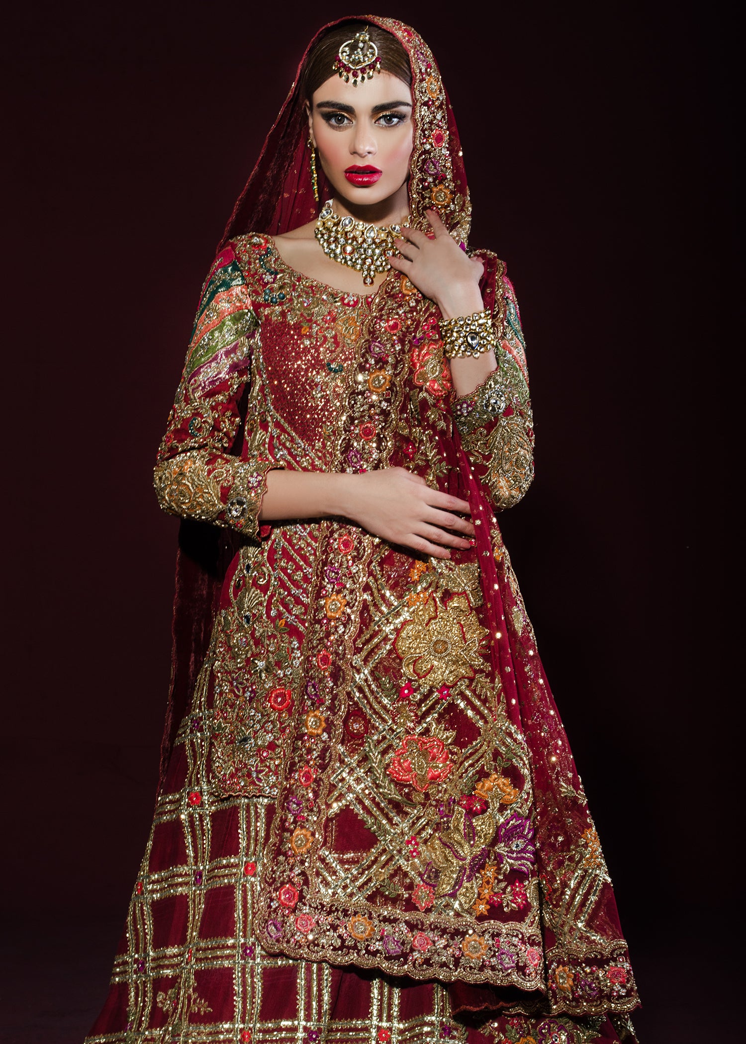 Deep Vermillion Embroidered Velvet Bridal Lehenga (3-Piece) - Image 2