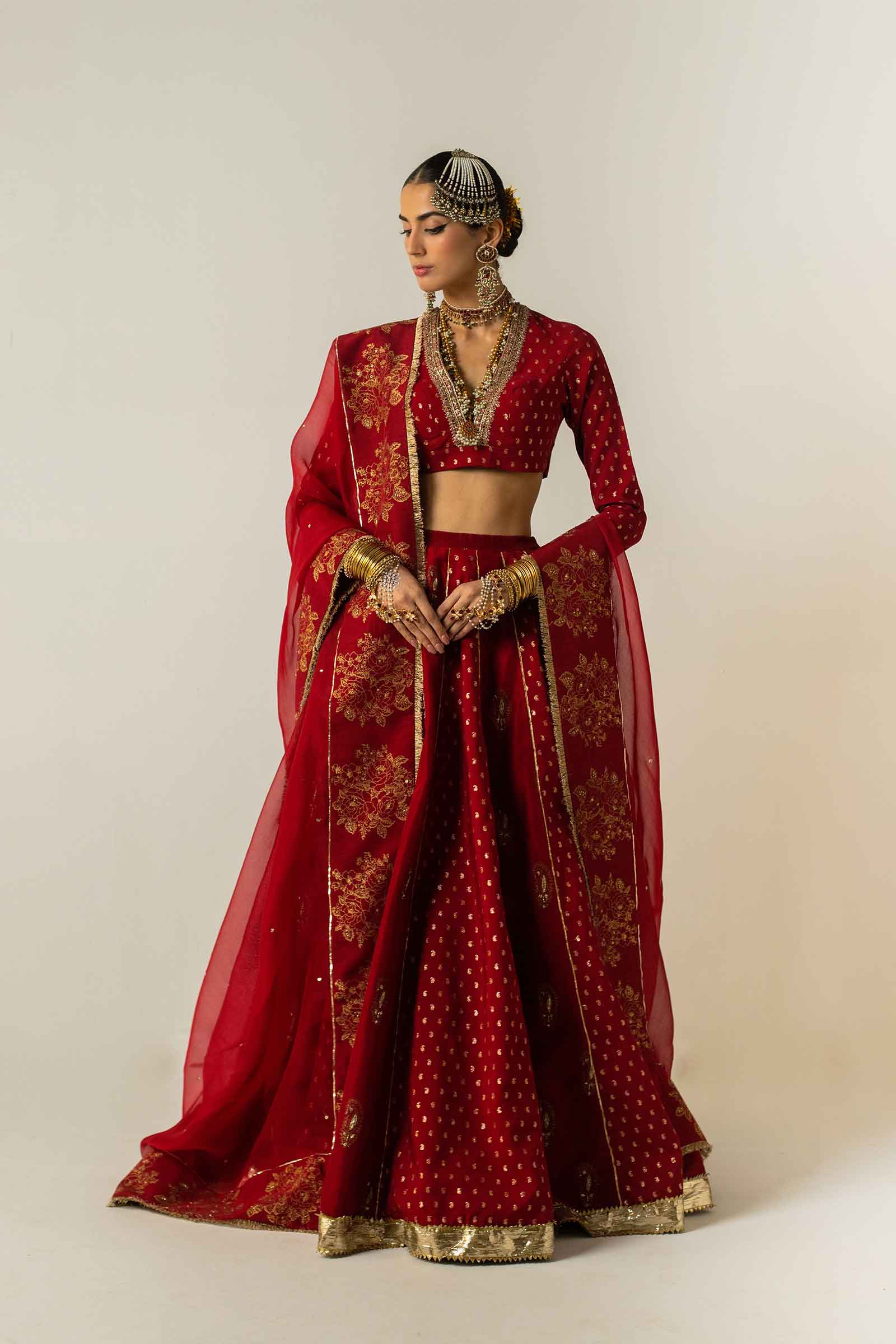Red Zari Jacquard Raw Silk Kalidaar Lehenga (3-Piece) - Image 1