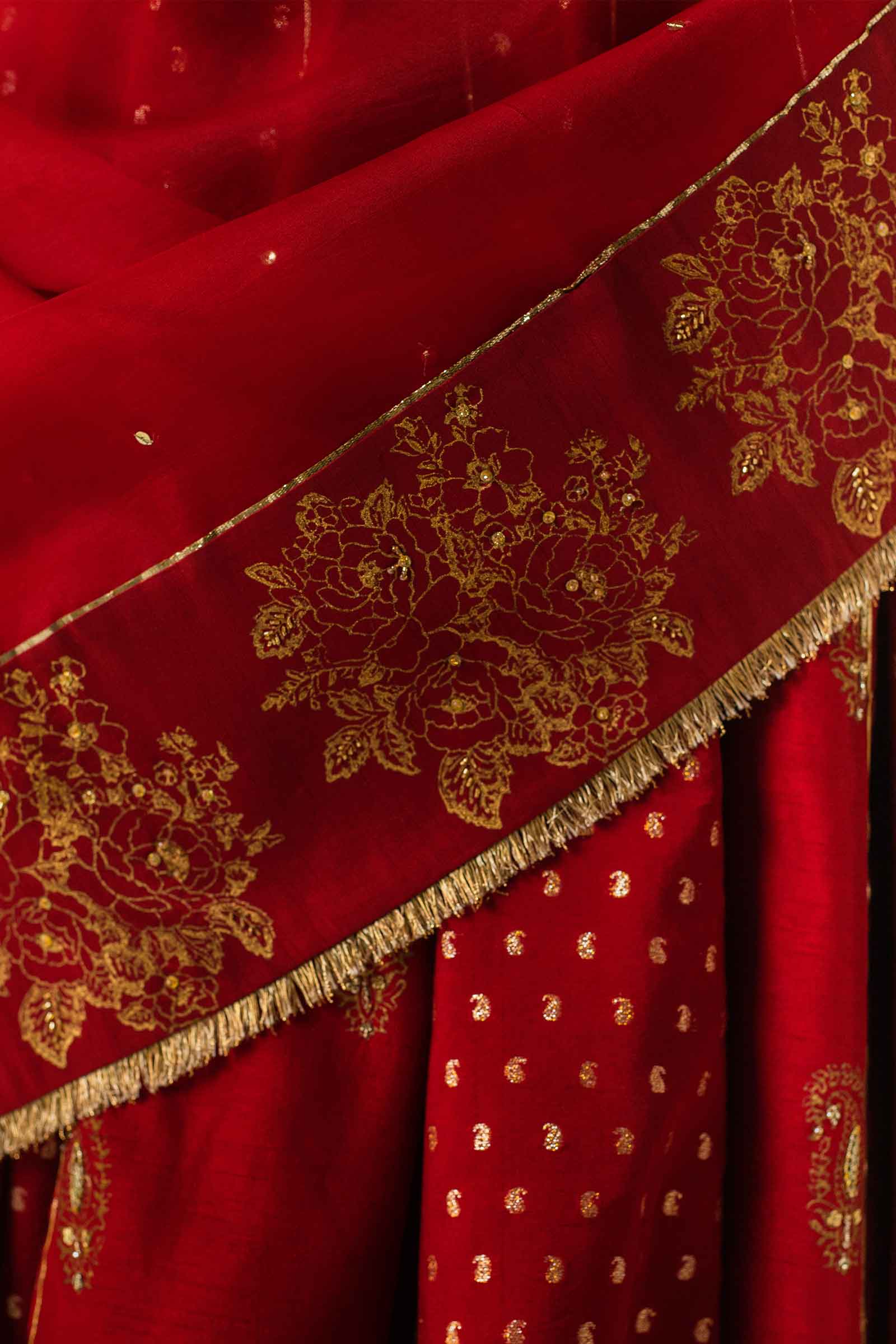 Red Zari Jacquard Raw Silk Kalidaar Lehenga (3-Piece) - Image 10