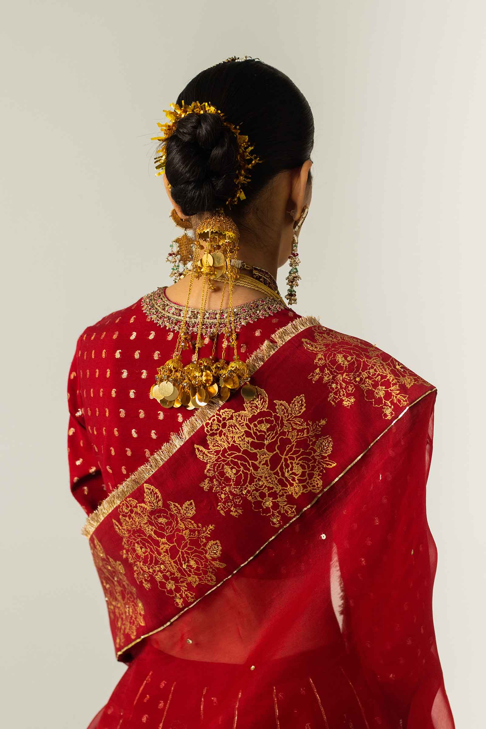 Red Zari Jacquard Raw Silk Kalidaar Lehenga (3-Piece) - Image 11