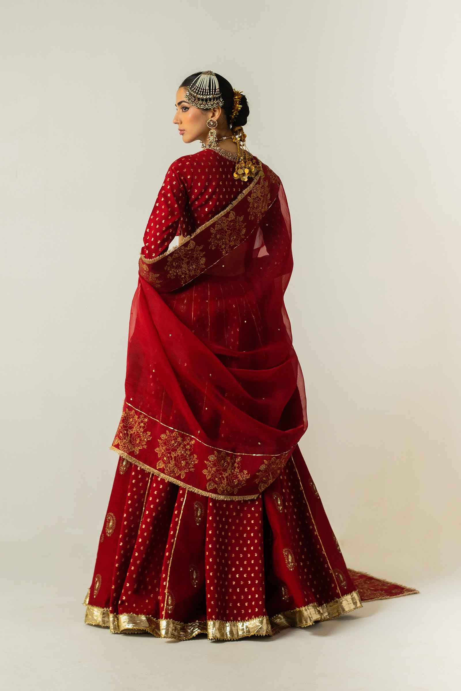 Red Zari Jacquard Raw Silk Kalidaar Lehenga (3-Piece) - Image 12