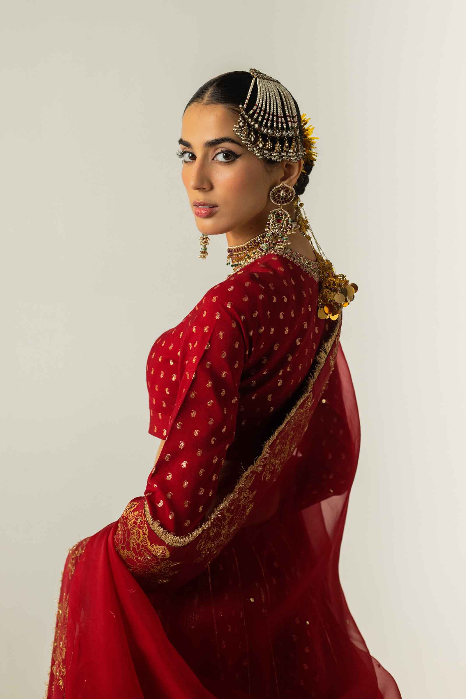 Red Zari Jacquard Raw Silk Kalidaar Lehenga (3-Piece) - Image 13