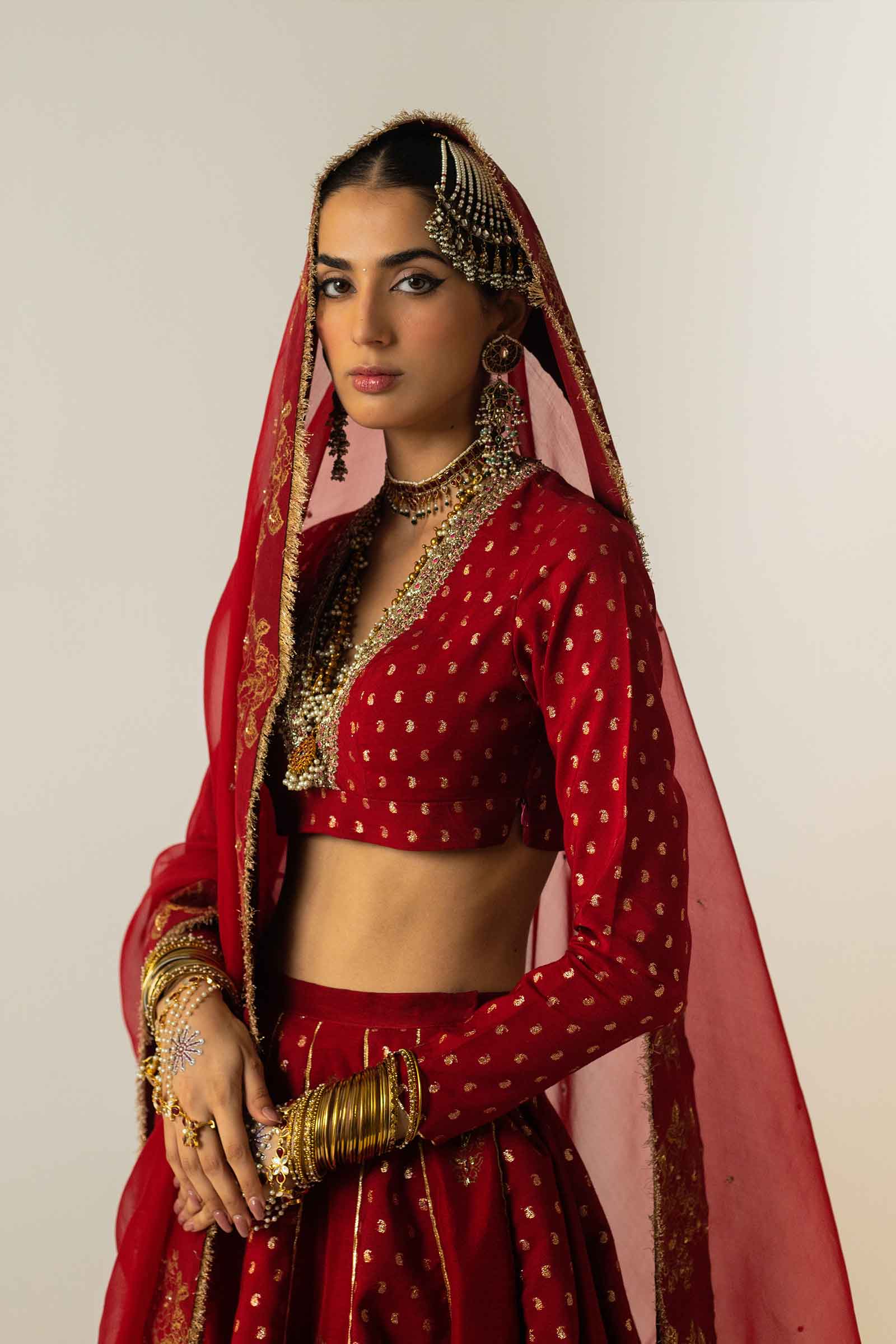 Red Zari Jacquard Raw Silk Kalidaar Lehenga (3-Piece) - Image 2