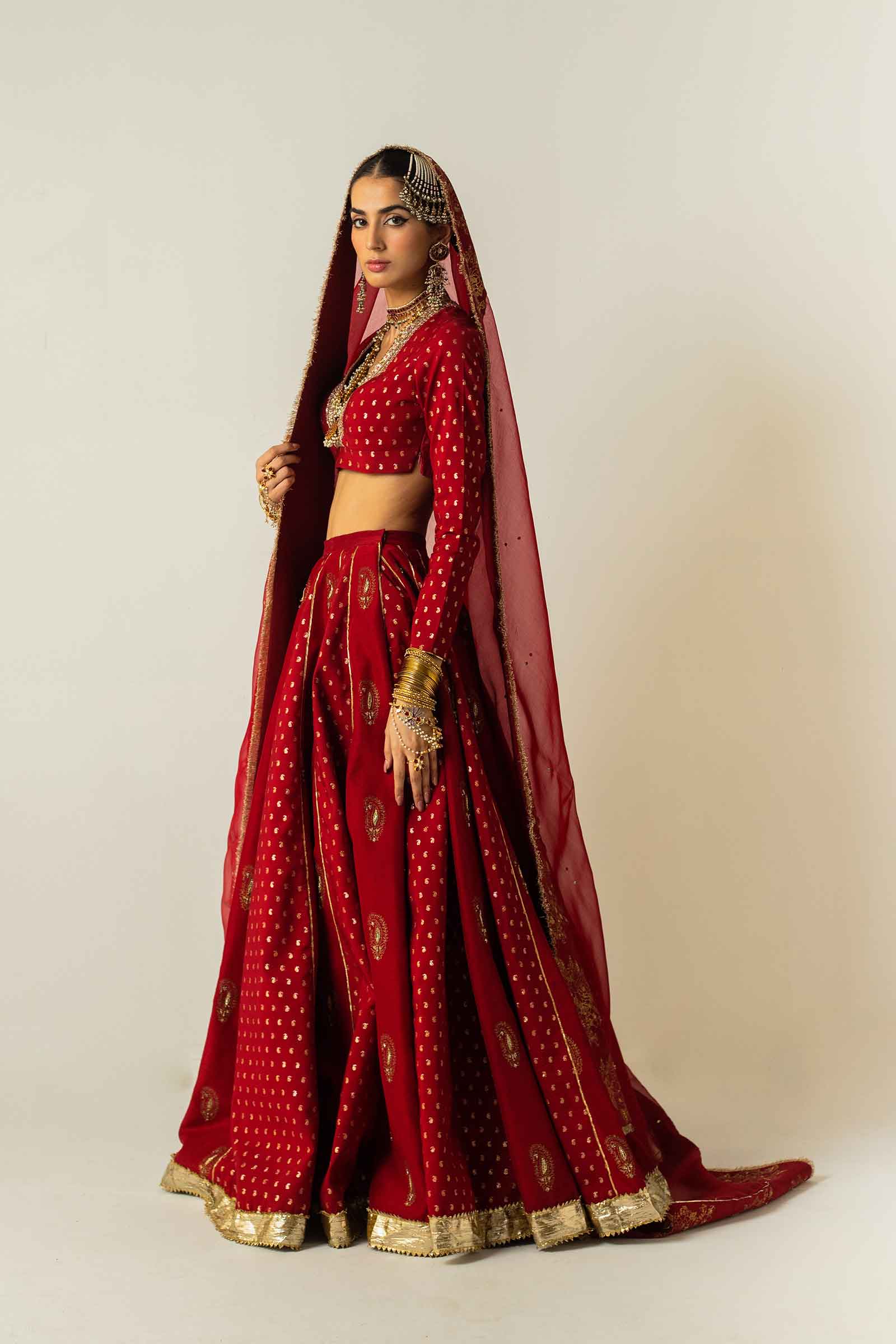 Red Zari Jacquard Raw Silk Kalidaar Lehenga (3-Piece) - Image 4