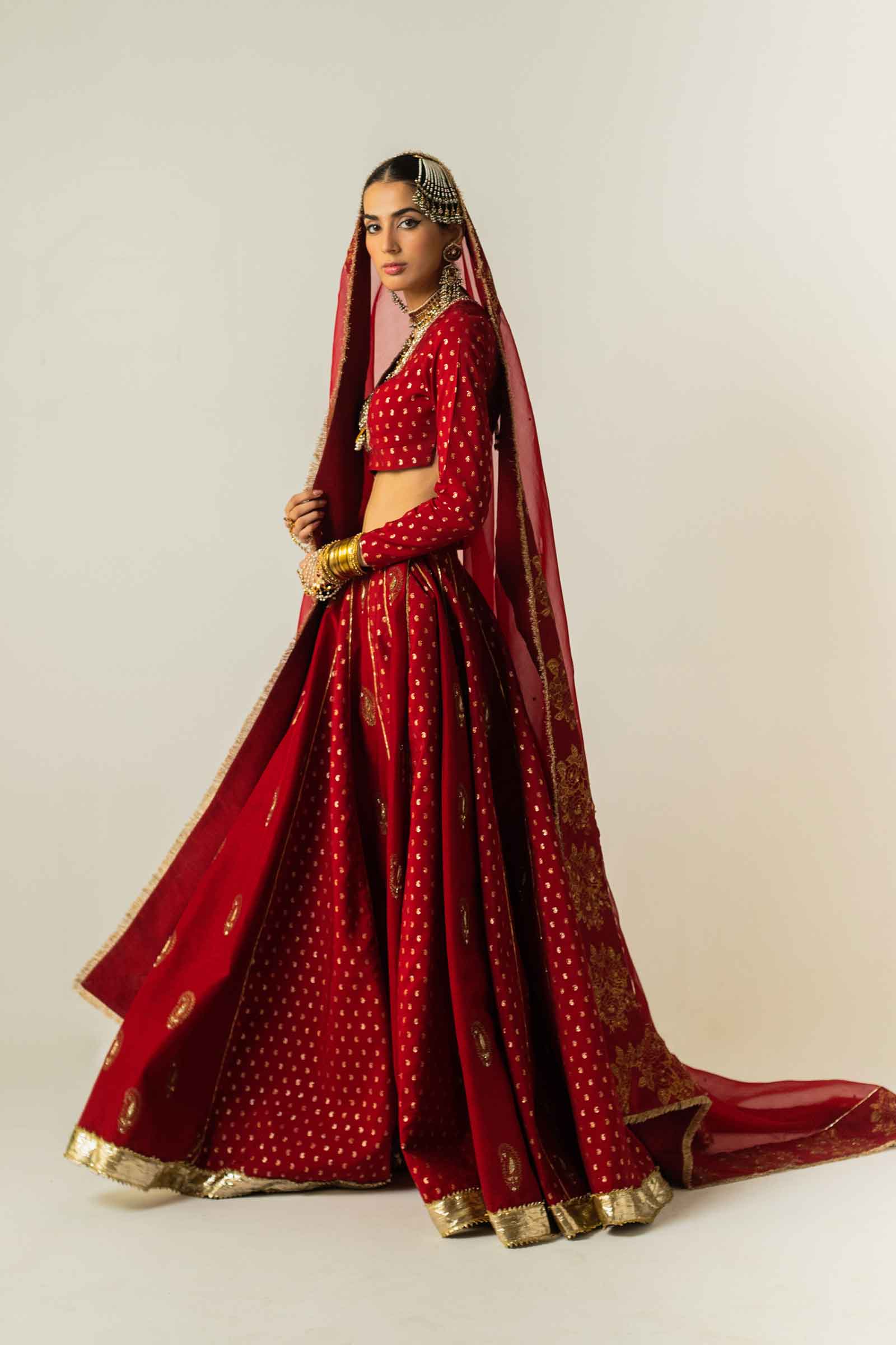 Red Zari Jacquard Raw Silk Kalidaar Lehenga (3-Piece) - Image 6