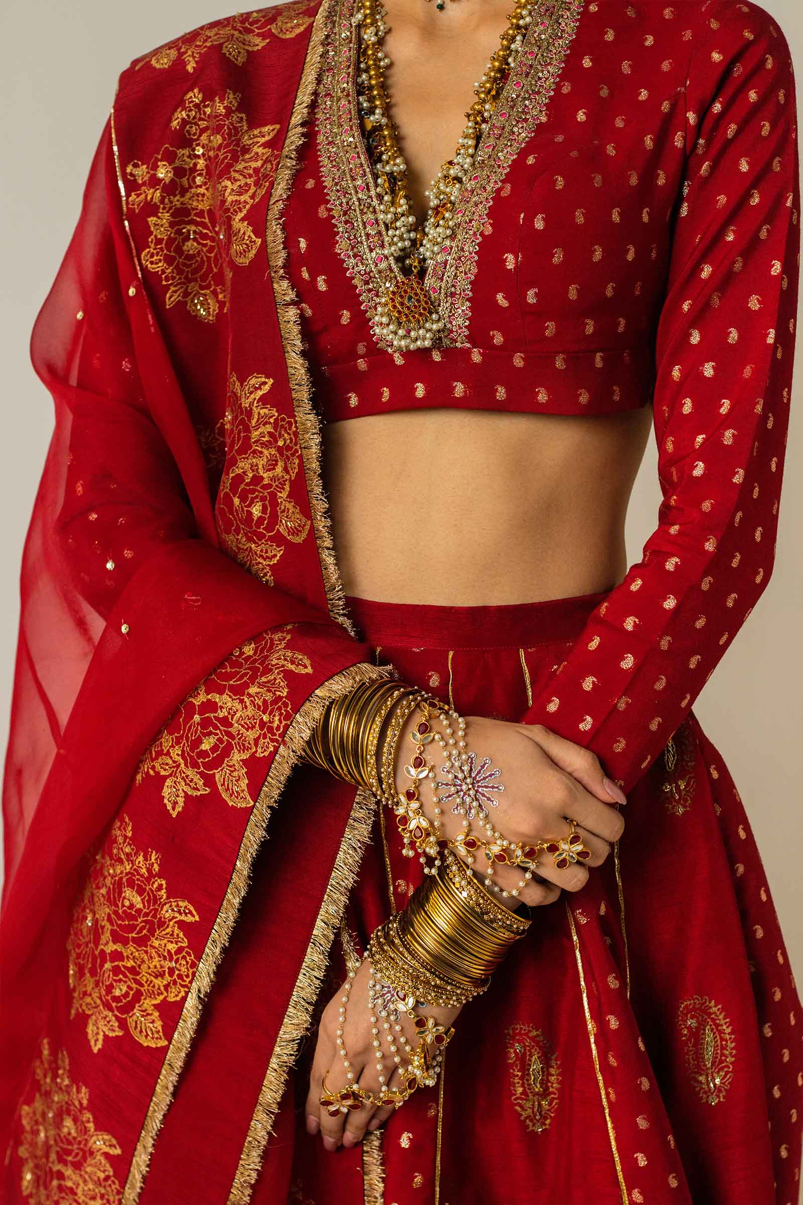 Red Zari Jacquard Raw Silk Kalidaar Lehenga (3-Piece) - Image 7