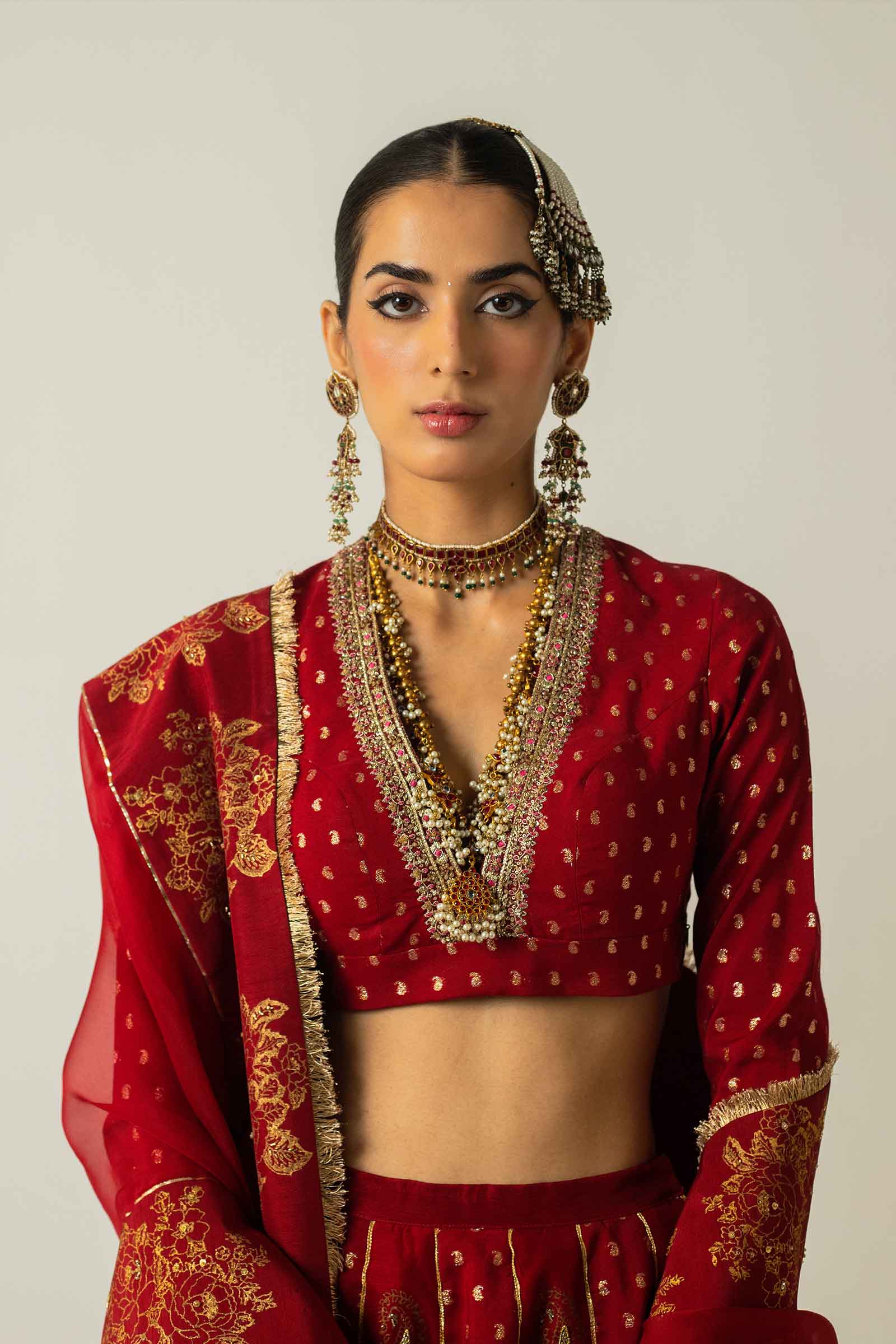 Red Zari Jacquard Raw Silk Kalidaar Lehenga (3-Piece) - Image 8
