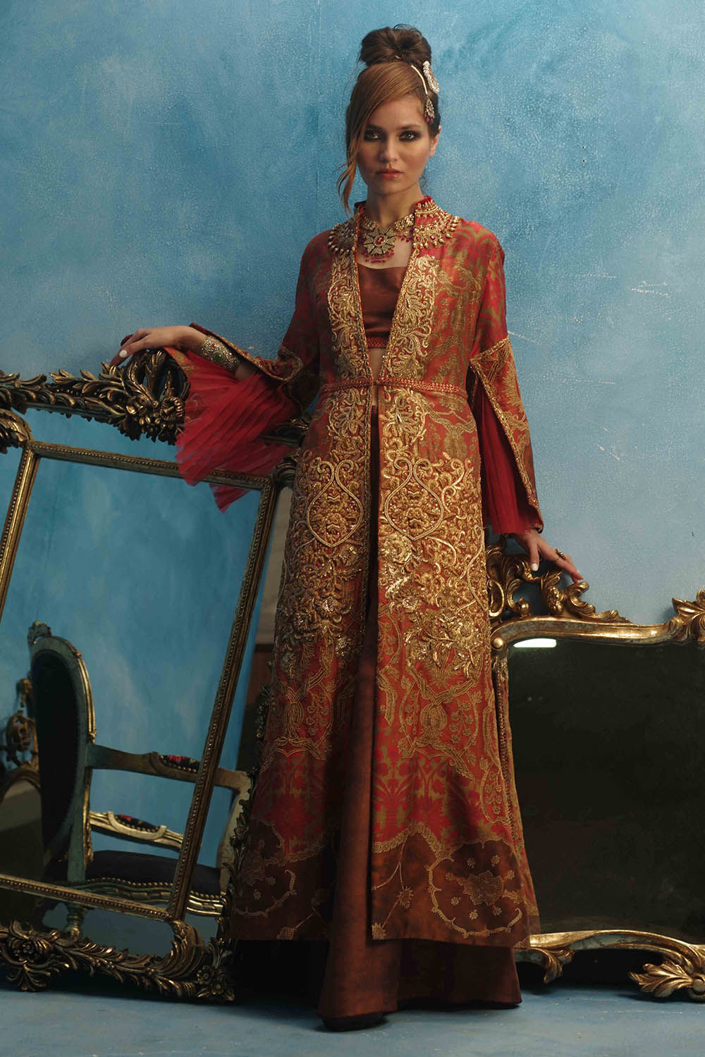 Pakistani Red Zardozi Pure Raw Silk Long Jacket (2-Piece) - Image 1