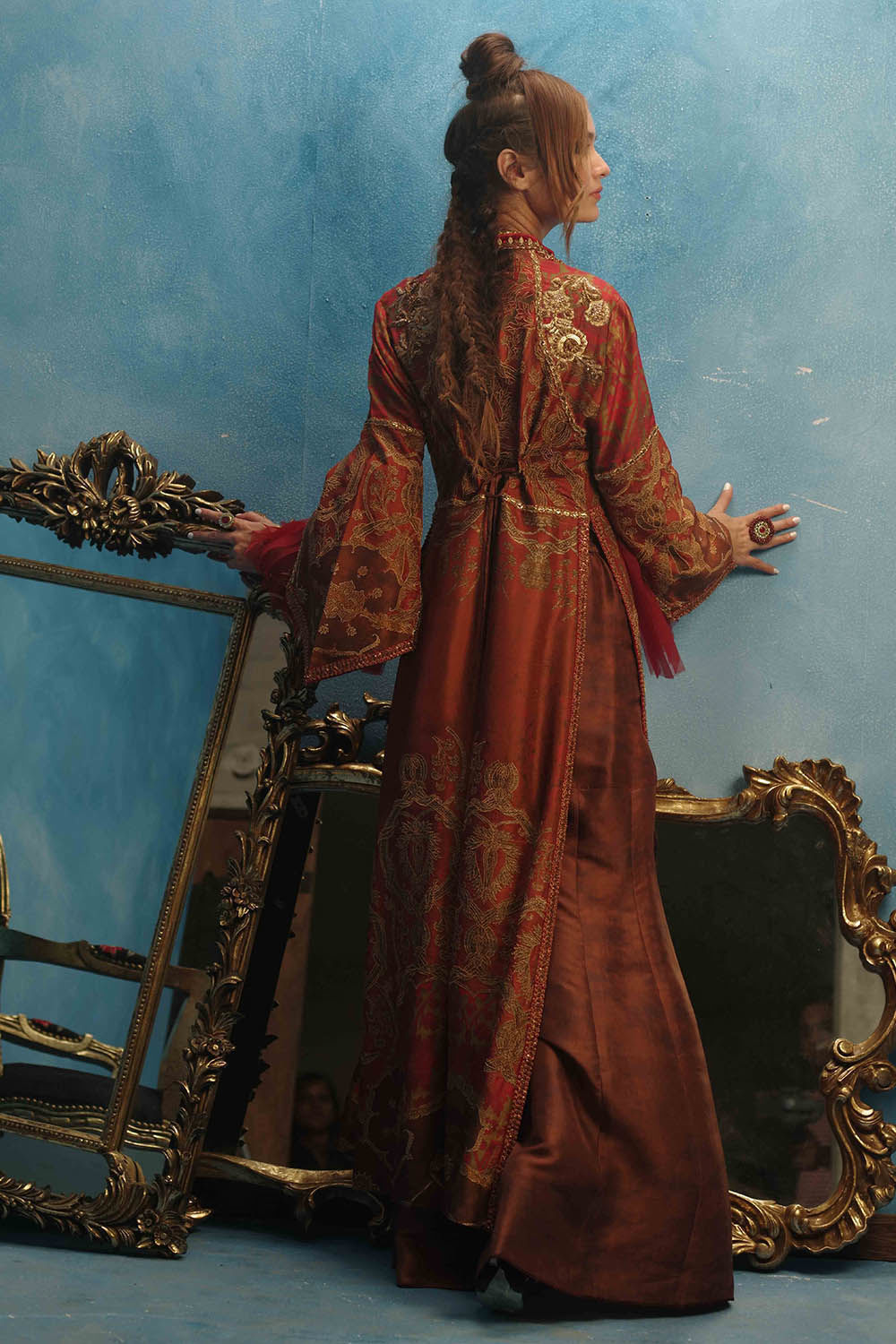 Pakistani Red Zardozi Pure Raw Silk Long Jacket (2-Piece) - Image 6