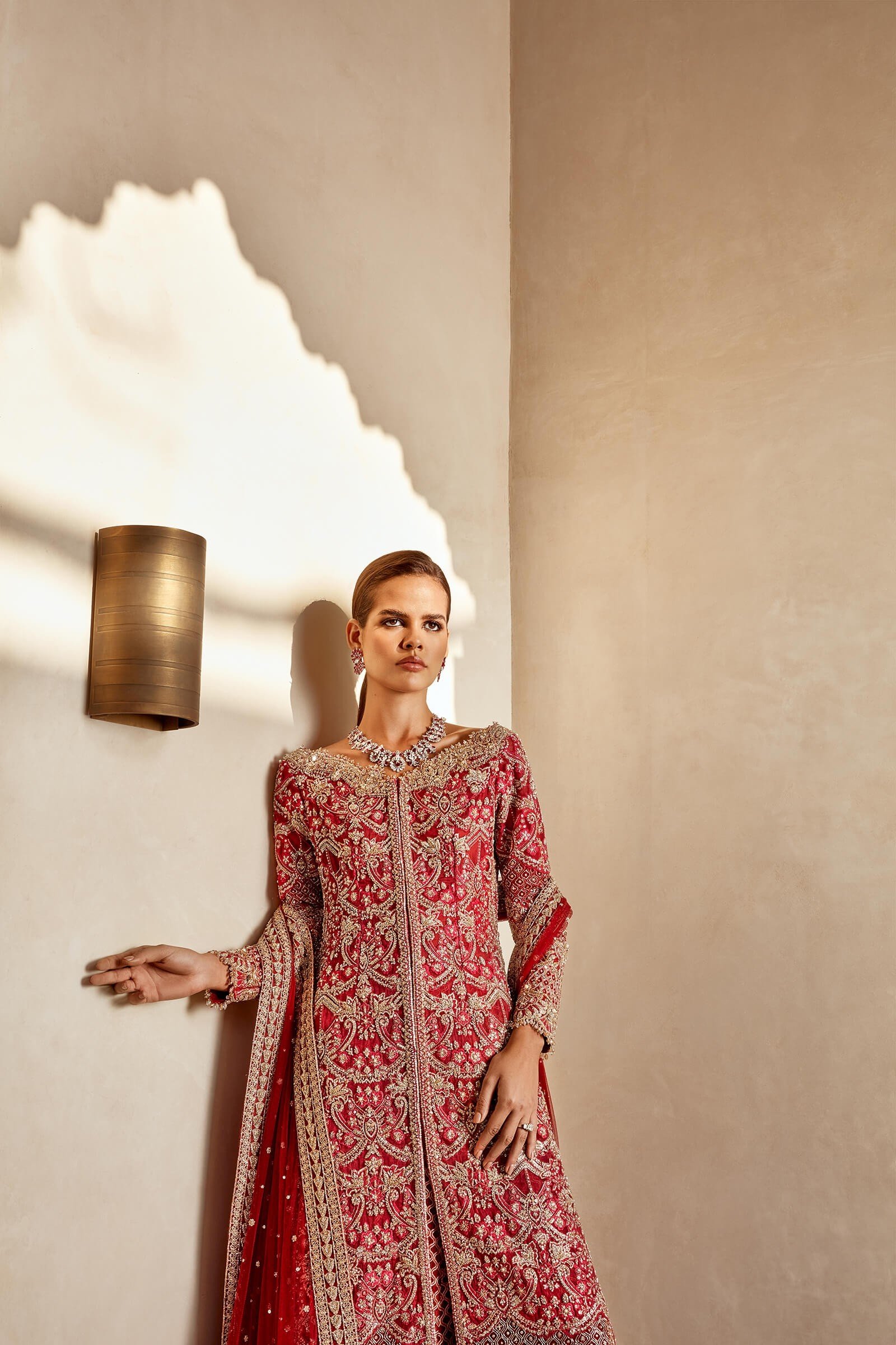 Pakistani Ruby Red Zardozi Silk Bridal Long Shirt (2-Piece) - Image 1