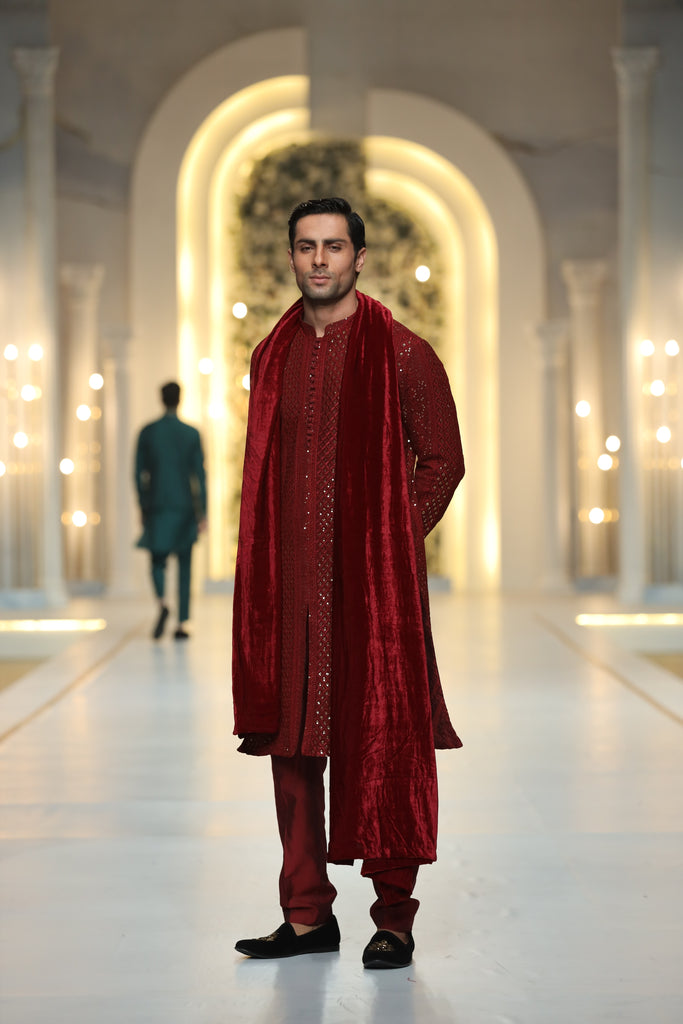 Deep Red Embroidered Silk-Blend Kurta Shalwar (3-Piece) - Image 1