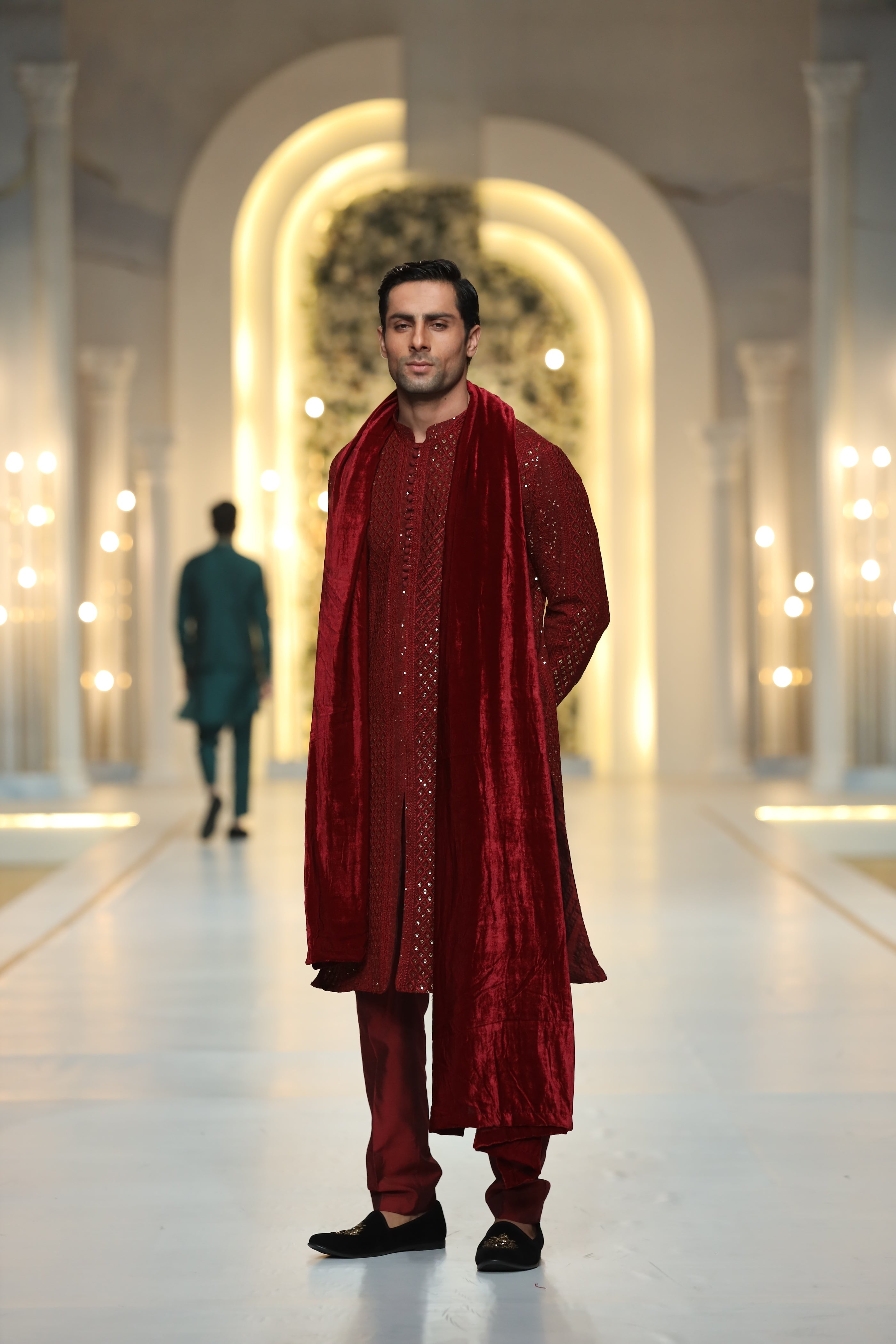 Deep Red Embroidered Silk-Blend Kurta Shalwar (3-Piece) - Image 2