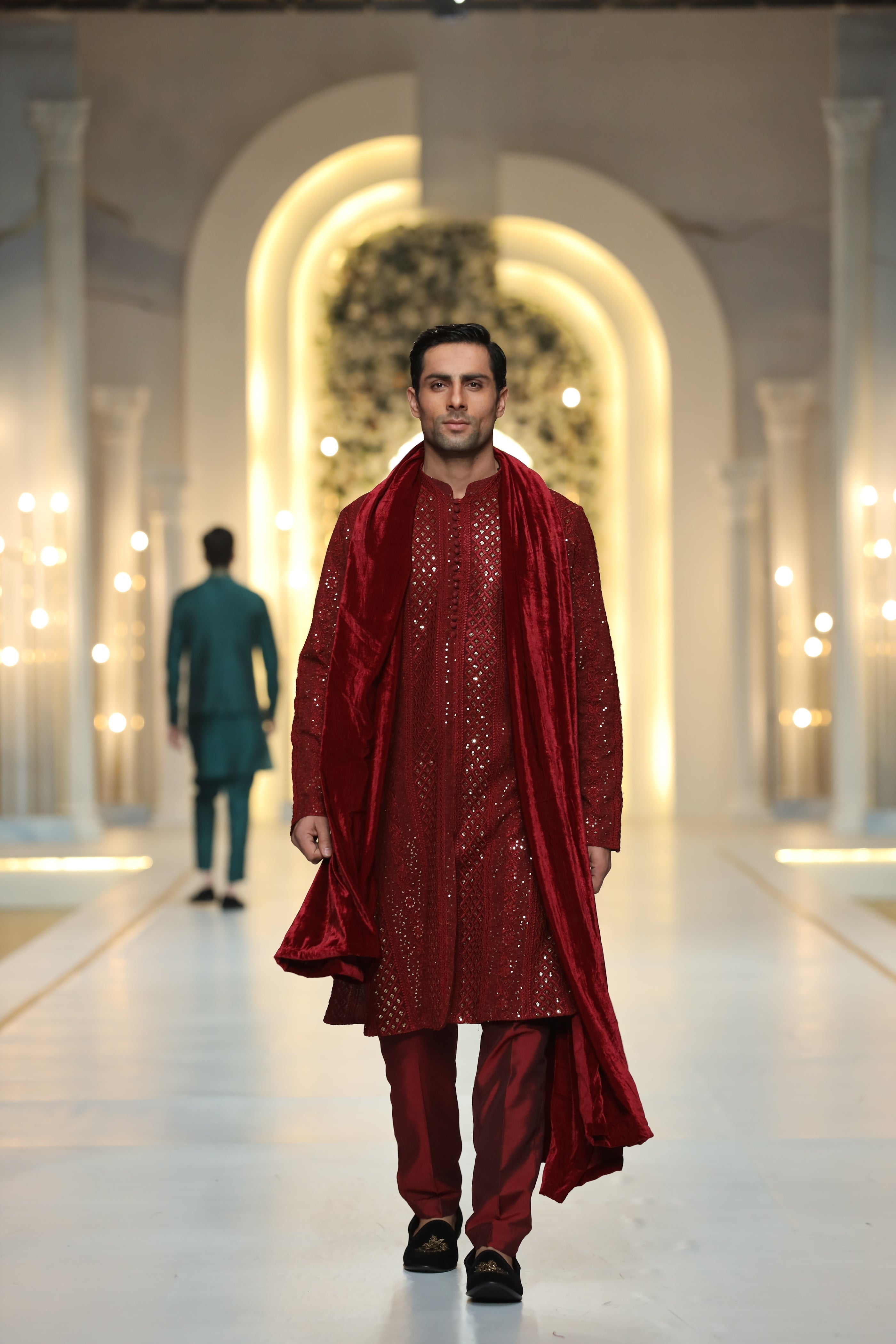 Deep Red Embroidered Silk-Blend Kurta Shalwar (3-Piece) - Image 3