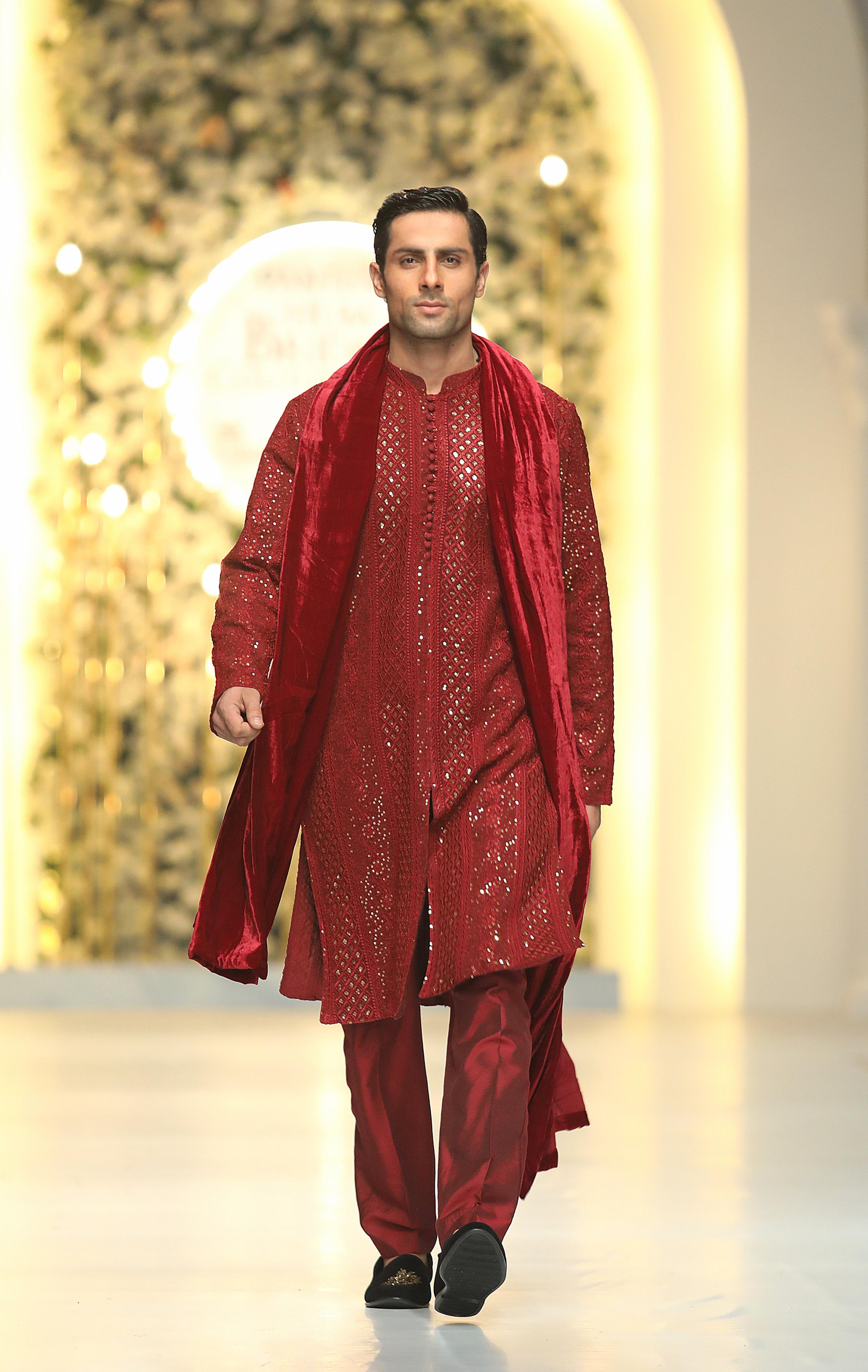 Deep Red Embroidered Silk-Blend Kurta Shalwar (3-Piece) - Image 4