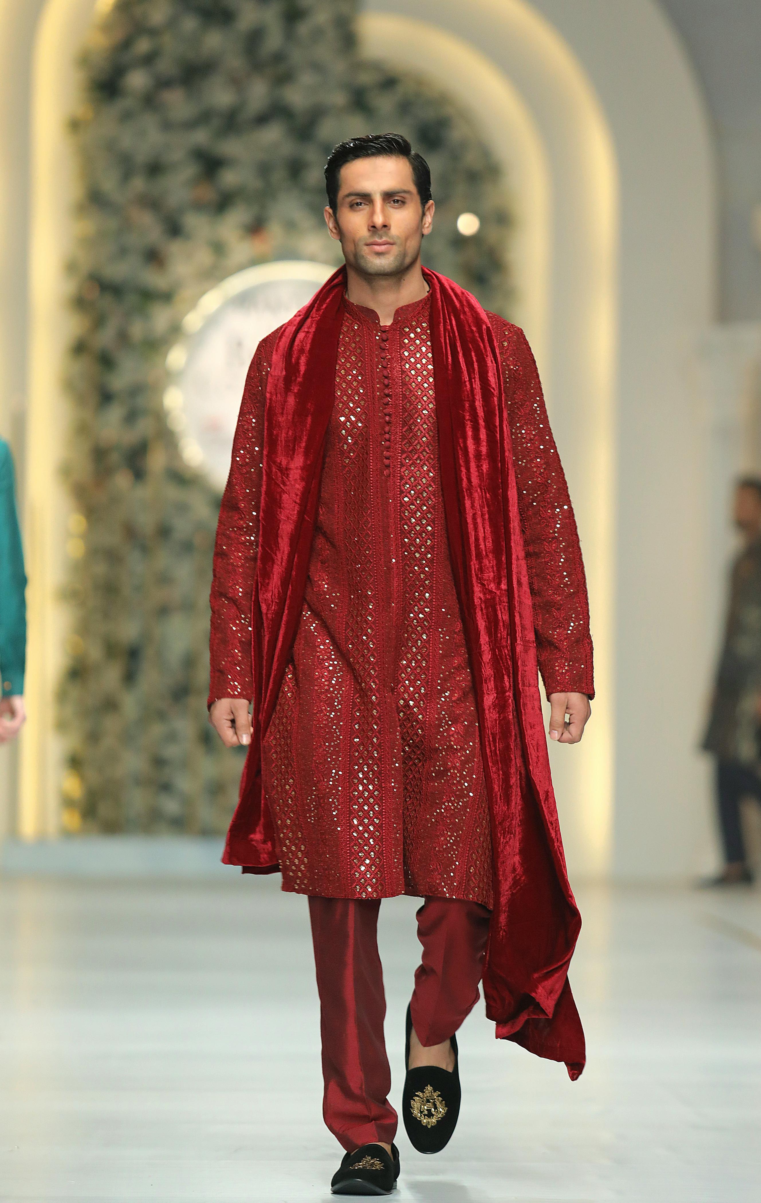 Deep Red Embroidered Silk-Blend Kurta Shalwar (3-Piece) - Image 5