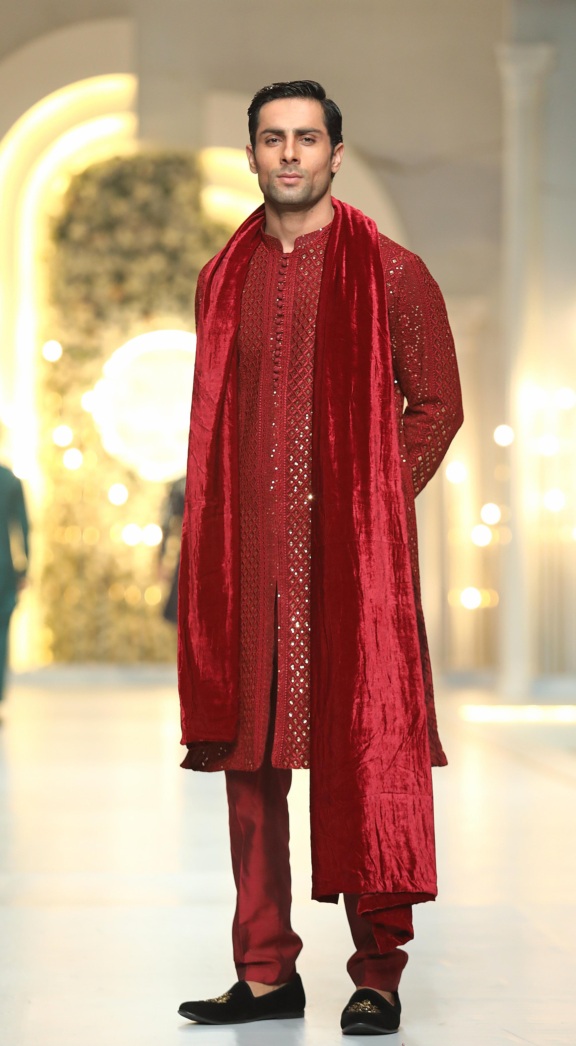 Deep Red Embroidered Silk-Blend Kurta Shalwar (3-Piece) - Image 6