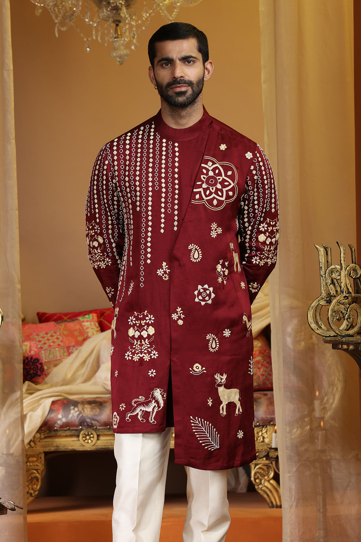 Dark Red Resham & Mirror Work Silk Kurta (2-Piece) - Image 1