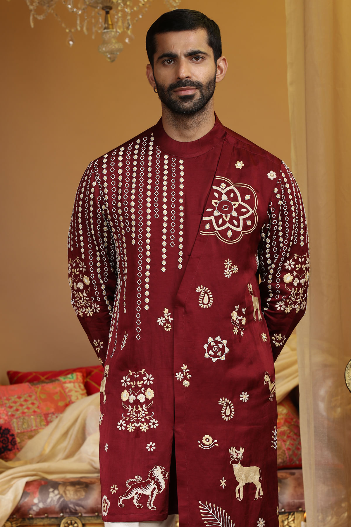 Dark Red Resham & Mirror Work Silk Kurta (2-Piece) - Image 2