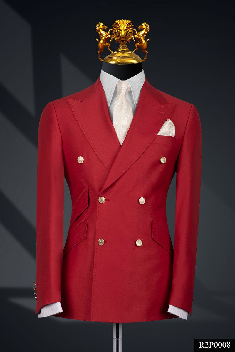 Deep Red Hand-Stitched Wool Double-Breasted Tuxedo (2-Piece) - Image 1