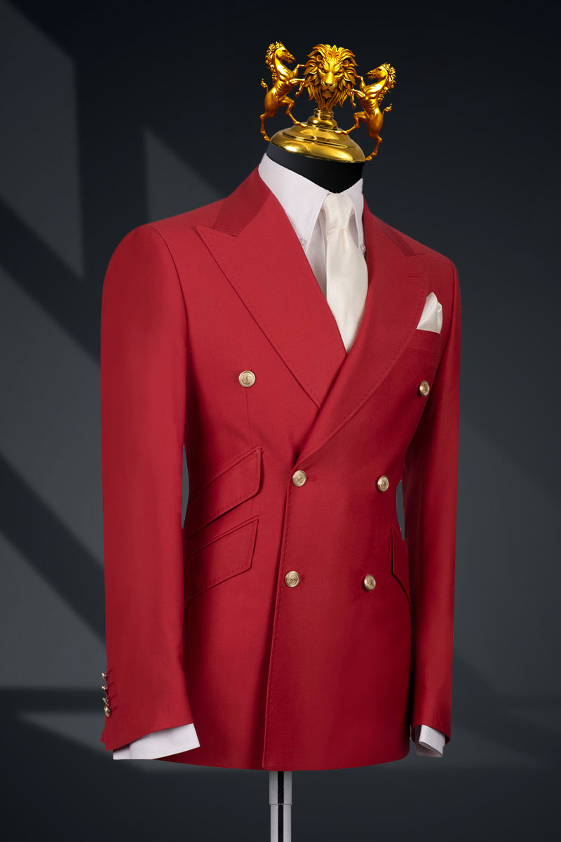 Deep Red Hand-Stitched Wool Double-Breasted Tuxedo (2-Piece) - Image 2