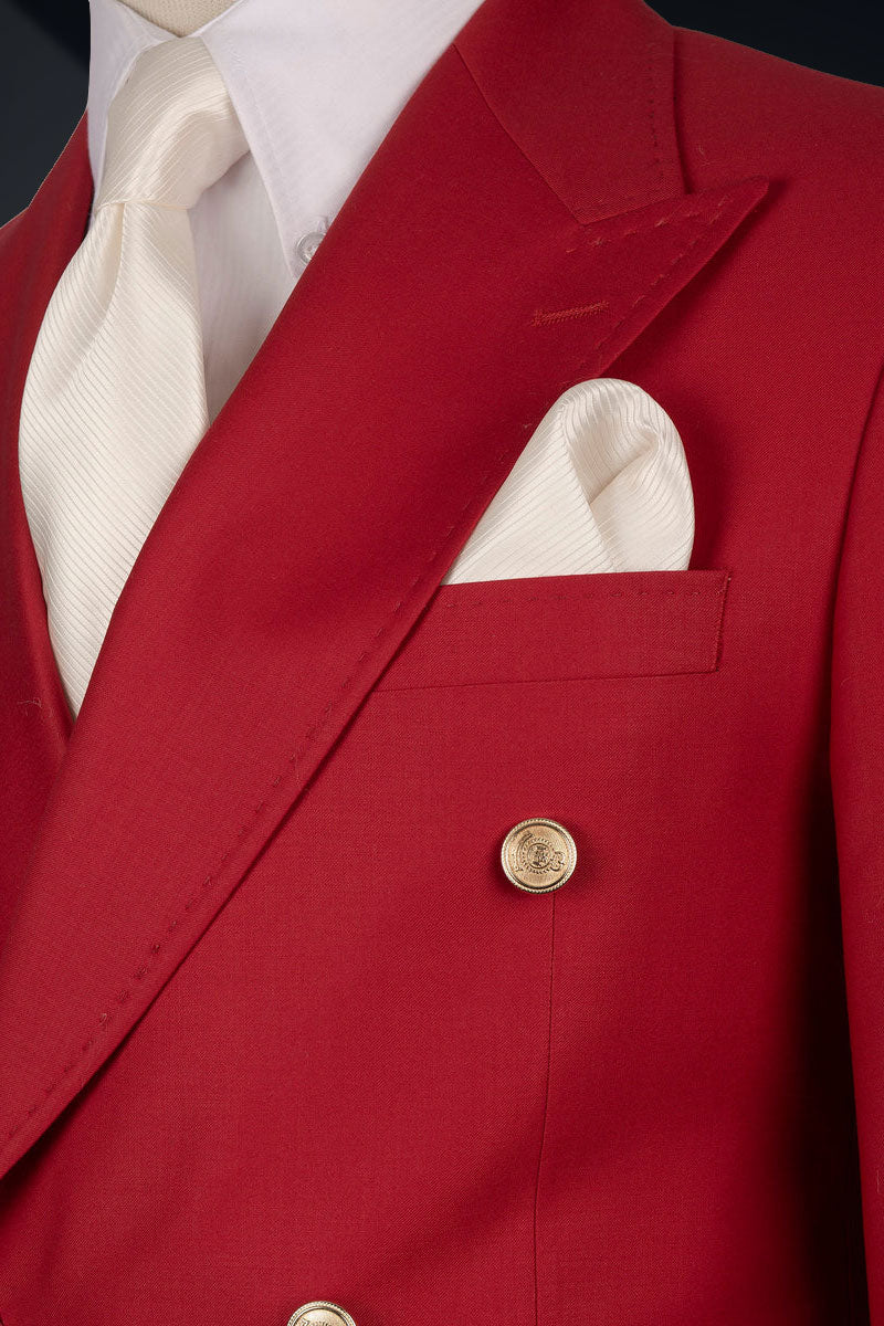 Deep Red Hand-Stitched Wool Double-Breasted Tuxedo (2-Piece) - Image 3