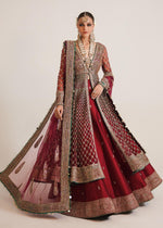 Pakistani Pinkish Red Gold Adda Work Net Pishwas Dress (3-Piece) - Image 2