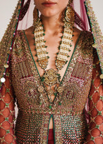 Pakistani Pinkish Red Gold Adda Work Net Pishwas Dress (3-Piece) - Image 3