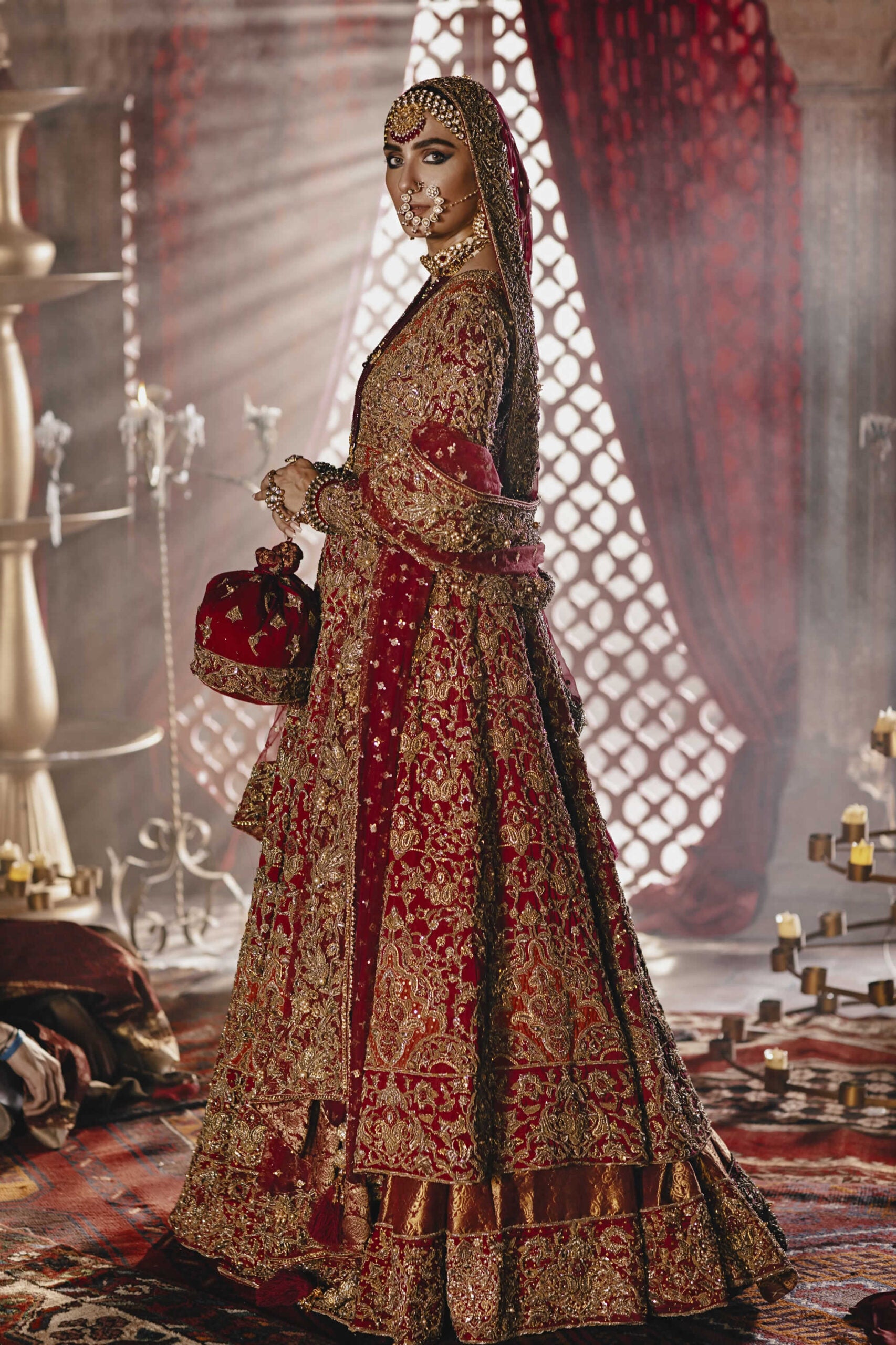 Pakistani Deep Red Gold Embellished Atlas Jamawar Bridal Pishwas (3-Piece) - Image 2