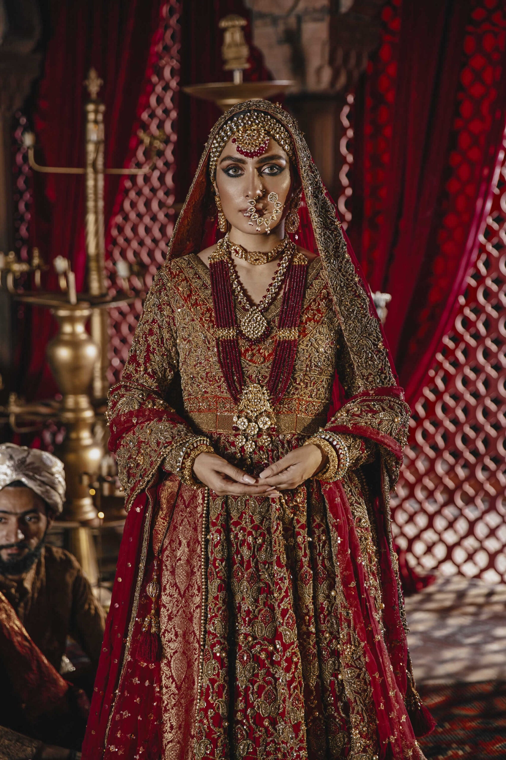 Pakistani Deep Red Gold Embellished Atlas Jamawar Bridal Pishwas (3-Piece) - Image 3