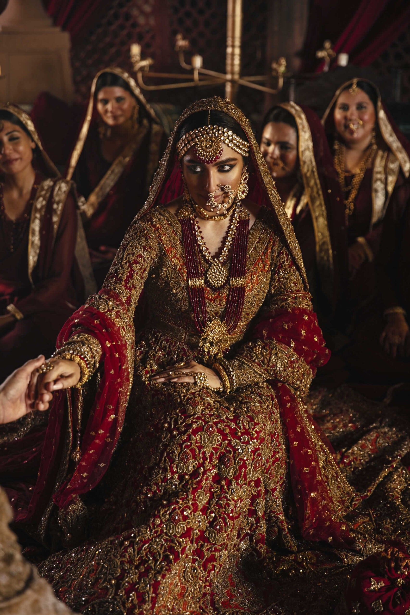 Pakistani Deep Red Gold Embellished Atlas Jamawar Bridal Pishwas (3-Piece) - Image 4