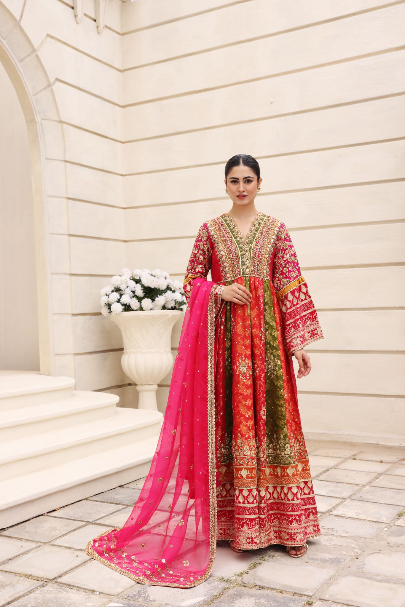 Red and Green Zardozi Pure Brocade Pishwas (3-Piece) - Image 1