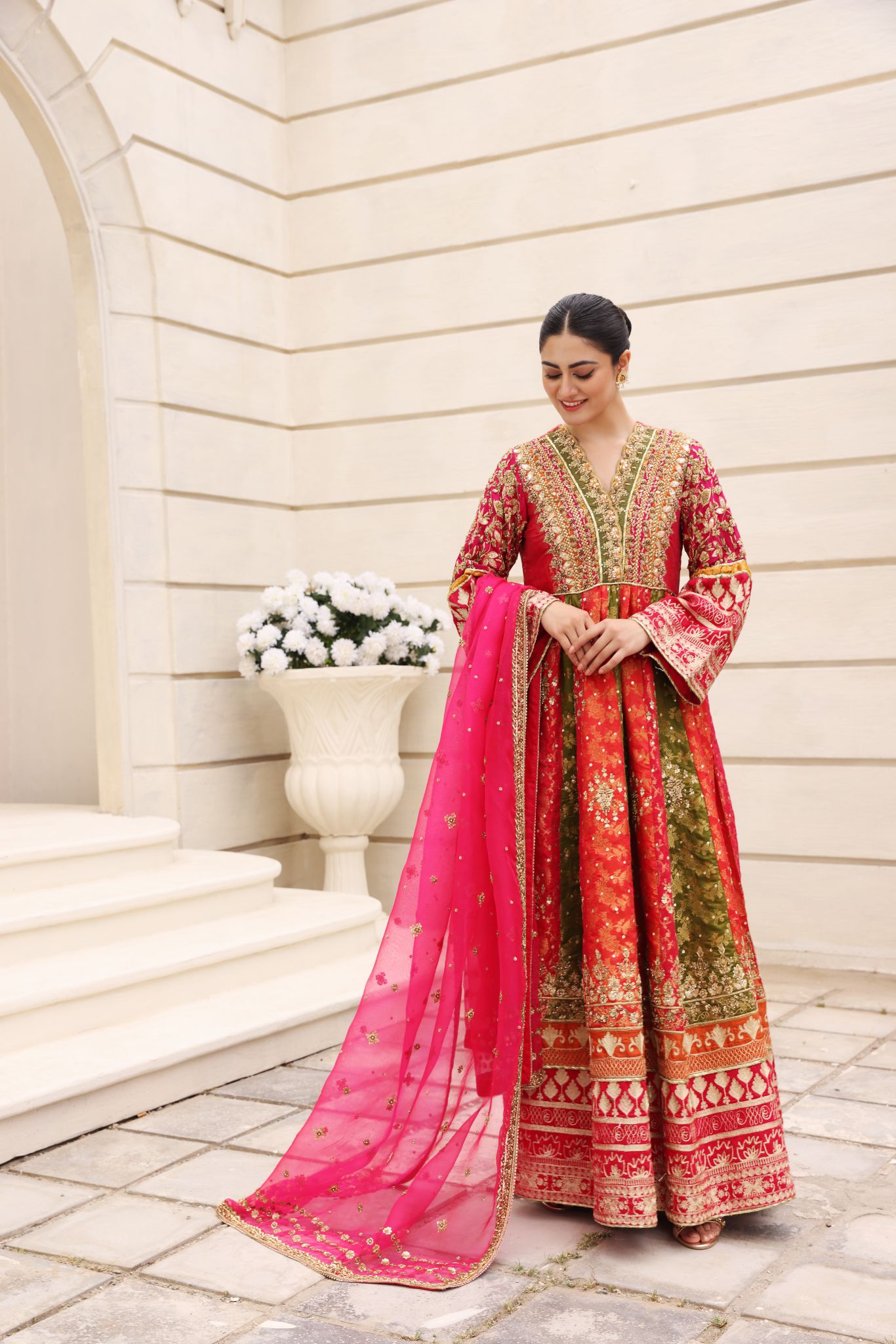 Red and Green Zardozi Pure Brocade Pishwas (3-Piece) - Image 2