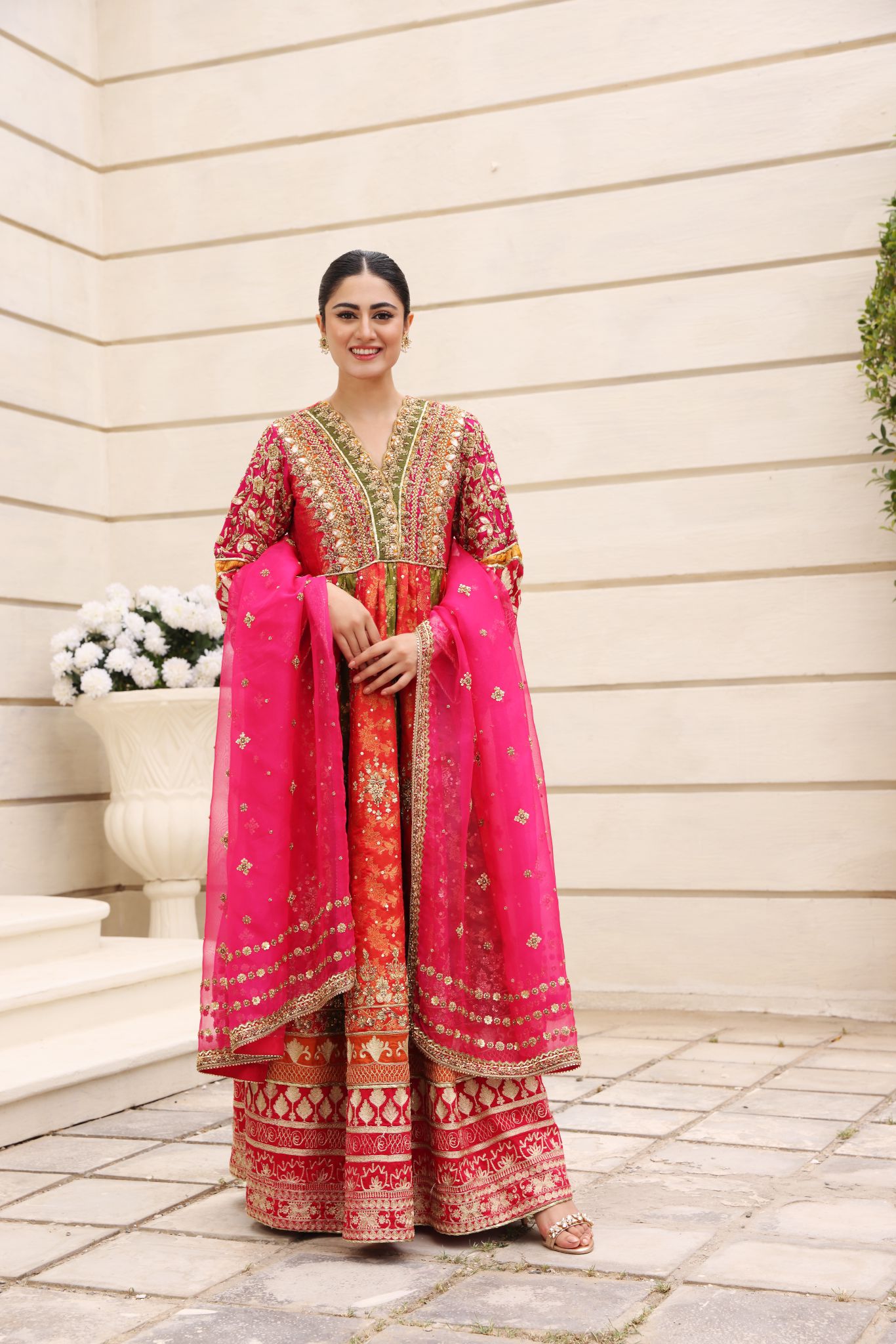 Red and Green Zardozi Pure Brocade Pishwas (3-Piece) - Image 4