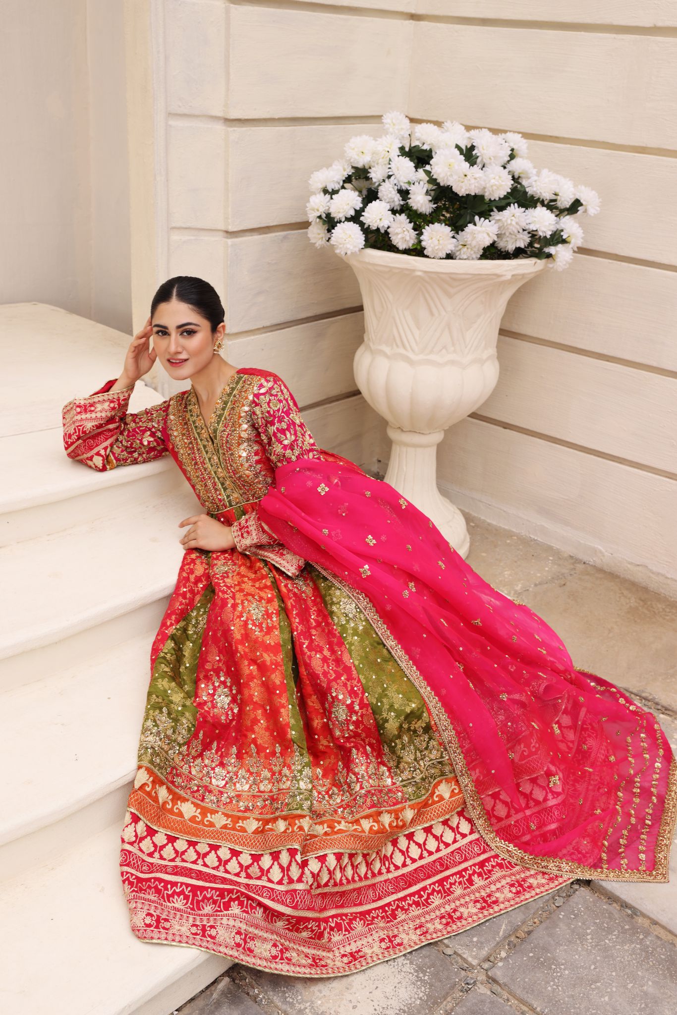 Red and Green Zardozi Pure Brocade Pishwas (3-Piece) - Image 5